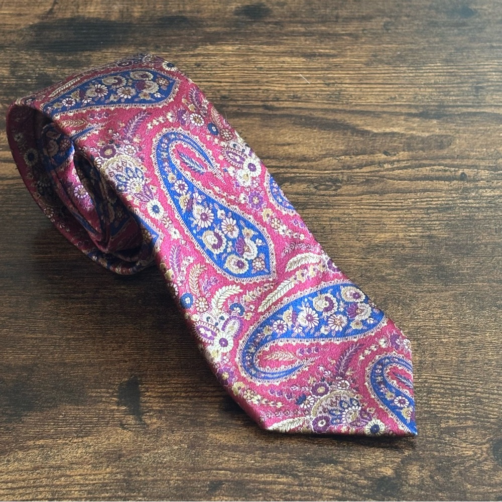 Sulka Satin Paisley Silk Tie - Red, Yellow, and Blue - Mint